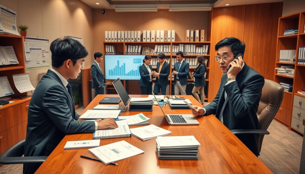 A detailed scene of a professional fundraiser's work environment and methods for raising funds. A spacious office with warm lighting and a large wooden desk, showcasing various financial documents, laptops, and a calendar. In the foreground, a young Japanese-looking person in a smart suit is on the phone, engaged in a serious discussion. In the middle ground, another fundraiser is meeting with a potential donor, discussing charts and graphs on a large screen. In the background, a team of young professionals collaborate on a fundraising strategy, surrounded by shelves of binders and filing cabinets. The overall atmosphere conveys a sense of productivity, efficiency, and the importance of the fundraiser's role in securing resources for their organization.