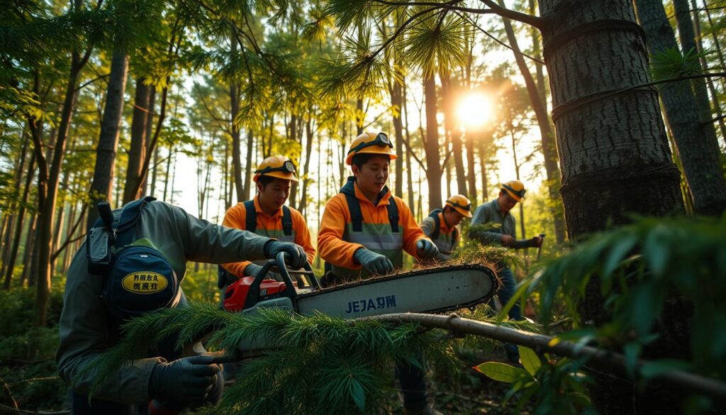 A detailed scene of forestry operations in a dense, verdant Japanese woodland. A group of young, skilled Japanese forestry workers, clad in protective gear, meticulously tending to the trees. In the foreground, a worker carefully operates a high-powered chainsaw, skillfully cutting through thick branches. In the middle ground, others use hand tools to clear undergrowth and prune the trees. In the background, sunlight filters through the canopy, casting a warm, natural glow over the scene. The workers move with practiced precision, their faces set in concentration as they carry out their important duties. An authentic, immersive depiction of the essential work of Japan's forestry industry.