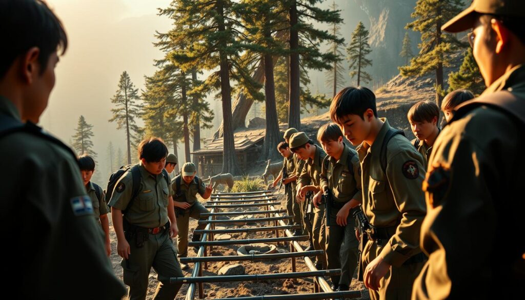 A detailed scene of the ranger recruitment process, showcasing a group of young, Japanese-looking candidates undergoing a series of rigorous physical and mental evaluations. The foreground depicts a team of evaluators closely observing the candidates as they navigate challenging obstacle courses and problem-solving scenarios, illuminated by warm, natural lighting. The middle ground features a backdrop of towering trees and rugged terrain, suggesting an outdoor wilderness setting. The overall atmosphere conveys a sense of intensity, determination, and a meticulous selection process to identify the most capable and well-suited individuals for the ranger role.