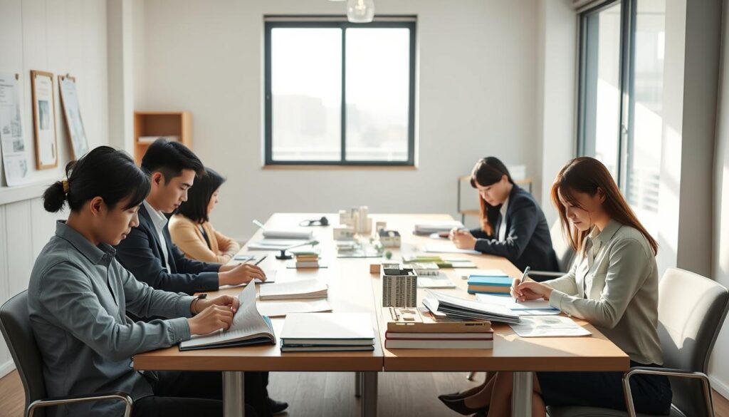 A detailed scene of young Japanese professionals studying for the real estate redevelopment planner certification exam. Centered in a well-lit, minimalist office setting with large windows, a group of focused students in casual business attire pore over textbooks and paperwork at a long table. Soft shadows and highlights create depth, while a subtle sense of focus and determination fills the atmosphere. The room is adorned with architectural plans, scale models, and other tools of the trade, hinting at the specialized knowledge required for this specialized career path.