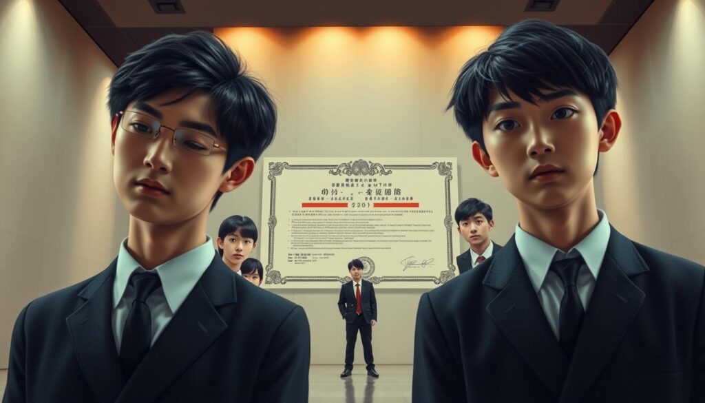 A detailed scene showcasing the requirements for a game scenario writer's certification. The foreground features several young, Japanese-looking individuals in formal attire, representing the candidates. They are intently focused, conveying the seriousness of the examination process. The middle ground displays a large, ornate certificate or diploma, emblematic of the sought-after qualification. The background is a clean, minimalist space with subtle, warm lighting, creating a professional and academic atmosphere. The overall composition and mood evoke a sense of accomplishment, diligence, and the importance of this specialized certification in the field of game scenario writing.