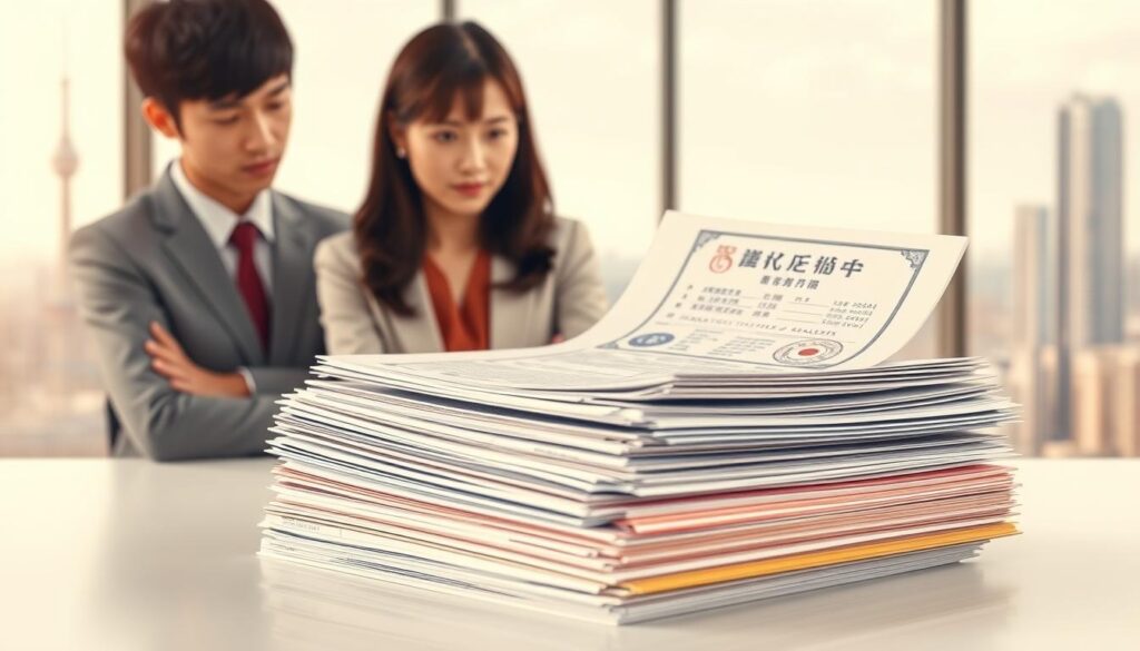 A detailed, technical illustration of a Japanese securities analyst credential. Centered in the frame, a stack of official-looking documents, certificates, and licenses are displayed on a clean, minimalist desktop. Warm, directional lighting accentuates the textures and folds of the papers, creating a sense of professionalism and authority. In the background, a blurred cityscape with skyscrapers hints at the corporate environment in which these credentials would be utilized. The models, young Japanese professionals, gaze thoughtfully at the documents, conveying the seriousness and focus required to attain this specialized qualification.