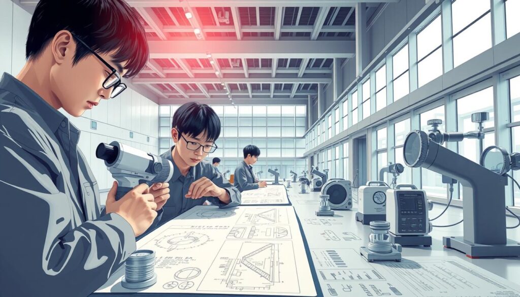 A detailed, technical illustration showcasing international standards and metrology. In the foreground, a team of young, Japanese-looking professionals examine precision measurement instruments under bright, studio lighting. In the middle ground, schematic diagrams and technical specifications for various measurement systems. In the background, a modernist architectural setting with clean lines and large windows, conveying a sense of order, efficiency and global collaboration. The overall atmosphere is one of scientific rigor, technological advancement and harmonized global standards.