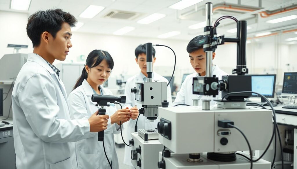 A detailed, technical scene showcasing the measurement process of odor assessment. In the foreground, a group of young, Japanese-looking individuals in white lab coats carefully operate various odor monitoring instruments, their expressions focused and intent. The middle ground features a large, sophisticated olfactory analysis device, its various sensors and readouts capturing the nuances of the air samples. The background depicts a clean, well-lit laboratory environment, with state-of-the-art equipment and workstations. The lighting is bright and even, highlighting the precise, professional nature of the odor assessment workflow. The overall atmosphere conveys a sense of scientific rigor and expertise in the field of odor measurement and evaluation.