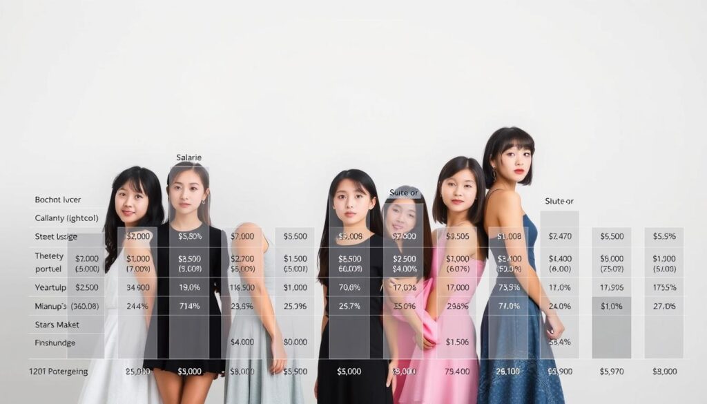 A detailed visual comparison of the average salaries across various sectors of the makeup industry. Set against a clean, minimalist backdrop, a group of young, Japanese-looking models in realistic photographic style stand side-by-side, each represented by a transparent column chart that illustrates their respective compensation levels. The lighting is soft and even, with a slight vignette effect to draw the viewer's focus to the central figures. The overall mood is informative and data-driven, emphasizing the importance of understanding the financial landscape of this dynamic profession.