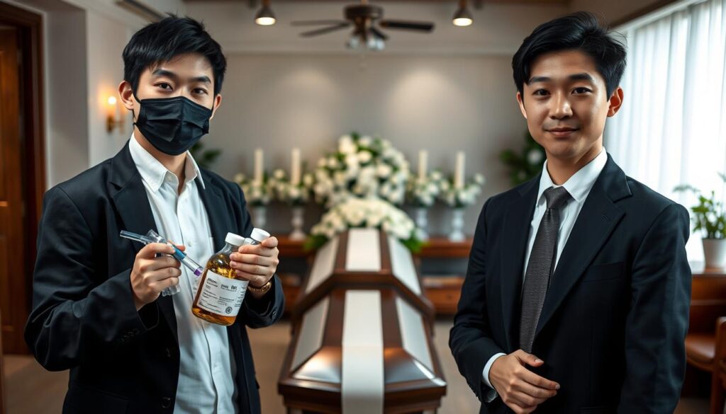 A detailed, well-lit photograph showcasing a side-by-side comparison of an embalmer and a funeral director, both young Japanese individuals with dark hair. The embalmer is shown handling embalming tools and chemicals, conveying their technical expertise, while the funeral director is dressed in a formal suit, capturing the professional and empathetic nature of their role. The background features a meticulously arranged funeral home setting, with a casket in the center, highlighting the differences and similarities between these two important professions.