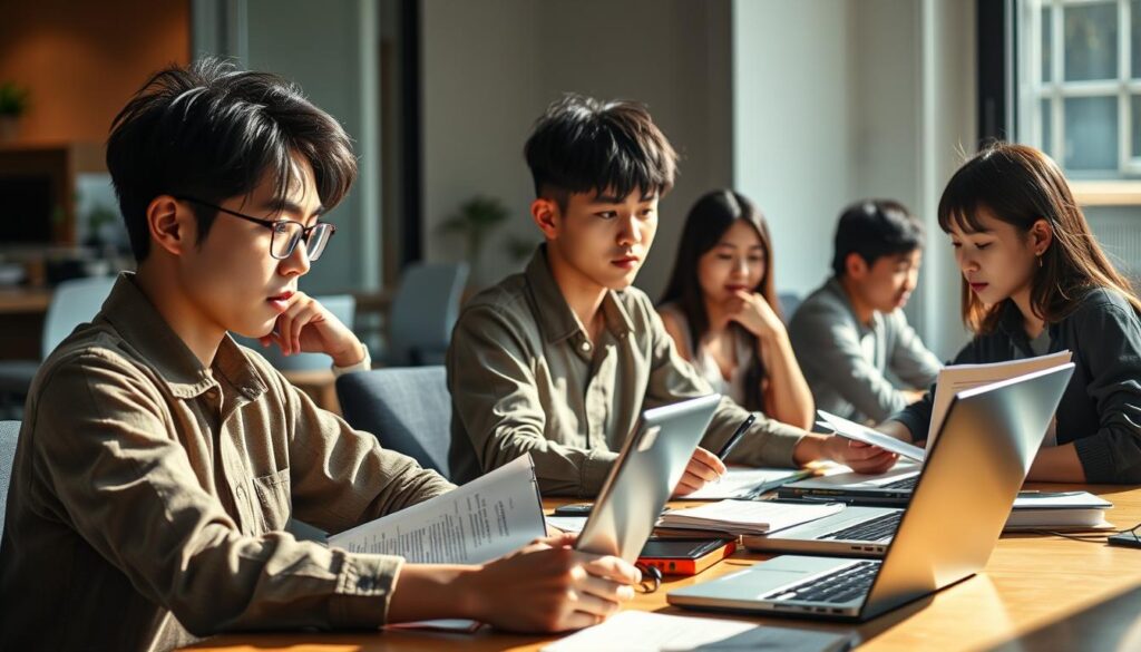 A detailed, well-lit photorealistic image of a team of young, Japanese-looking game scenario writers diligently working at their desks in a modern office setting. The scene showcases their work process, including laptops, notepads, and reference materials. The writers have a focused, thoughtful expression as they collaborate and brainstorm story ideas. The lighting is warm and natural, creating a productive and creative atmosphere. The background features minimalist decor and office equipment, allowing the writers to be the focal point. The overall composition conveys the responsibilities, skills, and work environment of a professional game scenario writer.