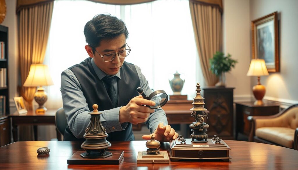 A detailed, well-lit scene of a professional appraisal expert carefully examining a valuable antique item on a wooden table in a tastefully decorated, high-end office. The appraiser, a young, serious-looking Japanese man, uses a magnifying glass and other specialized tools to carefully inspect the object from multiple angles. Soft, warm lighting from a large window illuminates the scene, highlighting the concentration and expertise of the appraiser as he diligently performs his duties. The background features tasteful decor and furnishings that convey a sense of sophistication and authority befitting the profession.