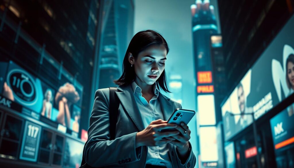 A digital-age reporter, dressed in a crisp, professional outfit, stands amidst a futuristic cityscape. Capturing the pulse of the modern world, their gaze is fixed on a smartphone, a tool of their trade in this era of instant communication. The scene is bathed in a cool, bluish light, evoking the technological landscape. In the background, towering skyscrapers and neon-lit billboards create a sense of urban dynamism, reflecting the evolving role of the reporter in the digital age. The composition conveys the reporter's adaptability, immersed in the ever-changing landscape of information and storytelling.