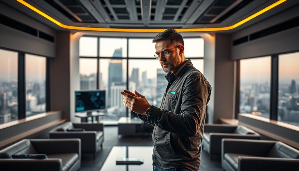 A digital-age technical director stands amidst a futuristic office, their gaze fixed on a holographic display. Sleek, minimalist furniture and muted lighting create an atmosphere of technological sophistication. The director's hands deftly manipulate virtual controls, their expression one of focused concentration as they oversee the seamless integration of cutting-edge media systems. In the background, a panoramic window reveals a bustling cityscape, symbolizing the director's role in bridging the digital and physical realms. Warm, natural lighting filters through, casting a subtle glow on the director's features, conveying their adaptability in the ever-evolving digital landscape.