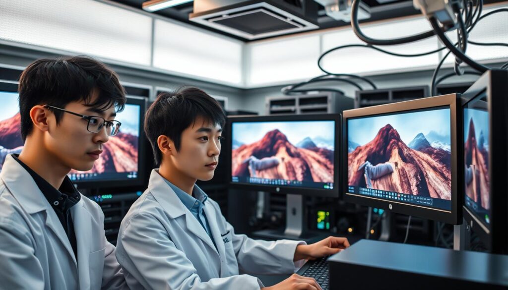 A digital darkroom with sleek, state-of-the-art equipment. Three young Japanese technicians, their faces focused and determined, are intently examining high-resolution digital images on large, color-calibrated displays. Indirect lighting casts a warm, professional glow, highlighting the intricate process of color correction, noise reduction, and advanced image processing techniques. In the background, a complex network of servers and storage devices hums with the processing power required to handle the demanding workflows of modern digital photography. The technicians, dressed in crisp, white lab coats, represent the evolving role of the contemporary image processing specialist, blending technical mastery with an artistic eye to bring out the full potential of every digital image.