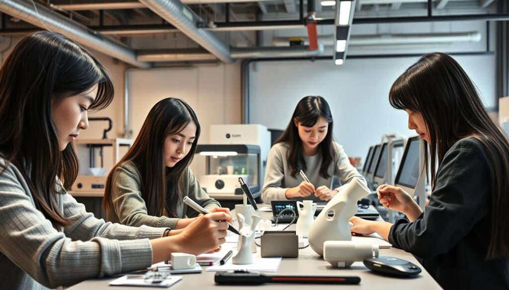 A digital rendering of a group of young, dark-haired Japanese-looking industrial designers, meticulously crafting innovative product designs. The scene is set in a modern, well-lit studio, with sleek workstations, 3D printers, and an array of prototyping tools. The designers are focused, their expressions conveying deep thought and creative passion as they sketch, model, and collaborate on their latest projects. The background showcases a blend of industrial elements, such as exposed pipes and metal surfaces, juxtaposed with the clean, minimalist aesthetic of the workspace. The image aims to capture the skills, creativity, and potential earning power of these skilled professionals.