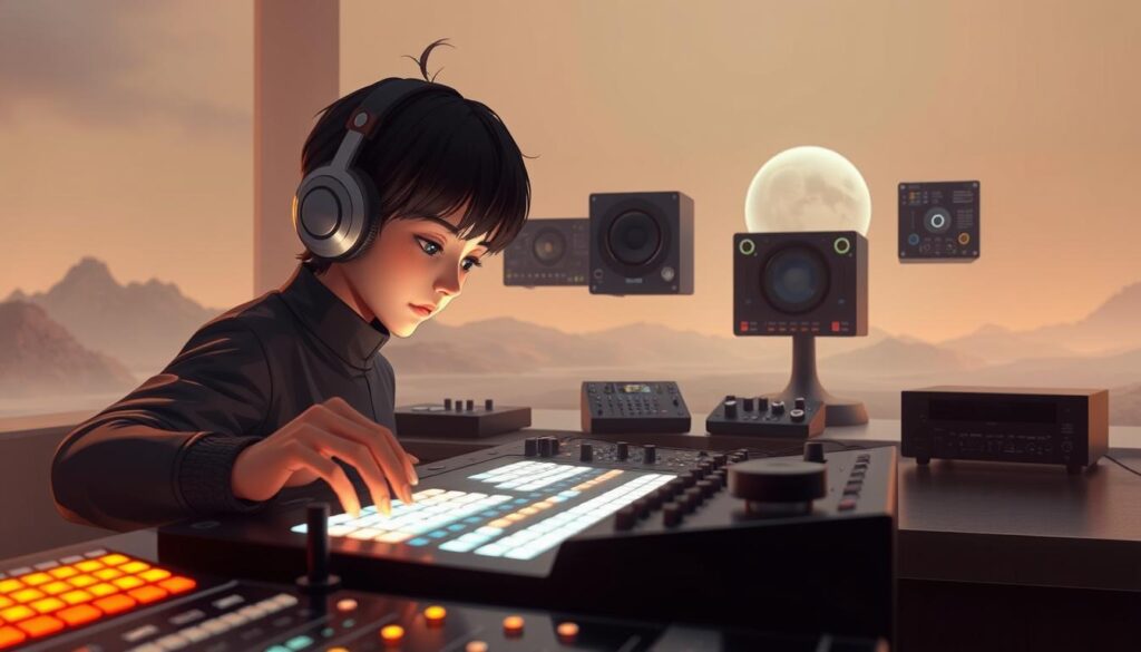 A digital soundscape where sound creators manipulate cutting-edge tools with precision and artistry. In the foreground, a young Japanese-inspired character intently adjusts virtual knobs and sliders on a sleek, futuristic interface, their face illuminated by the glow of the display. In the middle ground, a variety of digital sound production devices float in a minimalist, high-tech environment, their forms suggesting advanced functionality. The background features an abstract, atmospheric landscape with subtle hints of music visualization, creating a sense of creative immersion and technological prowess. Warm, muted lighting and a muted color palette evoke a focused, professional atmosphere.