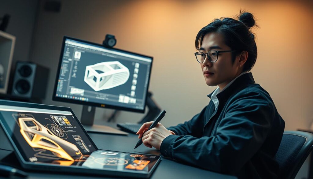 A digital workspace filled with sleek, high-tech tools for industrial design. In the foreground, a stylized tablet displays 3D modeling software, its interface glowing with intricate CAD diagrams. Beside it, a cutting-edge stylus hovers, ready to translate the designer's vision into digital form. The middle ground features a computer monitor displaying a rendering of a product concept, its lines and curves hinting at the designer's creative process. In the background, a minimalist desk setup anchors the scene, complemented by the warm, indirect lighting that casts a futuristic glow over the entire workspace. The Japanese-inspired designer, with their sharp focus and determined expression, appears deeply immersed in their craft, harnessing the power of cutting-edge technology to bring their industrial designs to life.