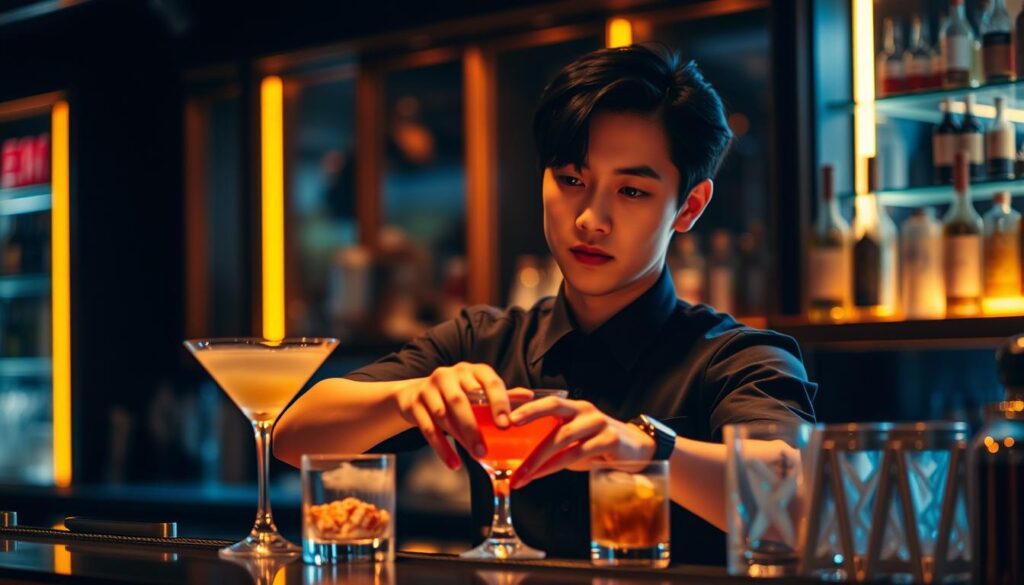A dimly lit bar scene, with a skilled bartender standing behind the counter, their hands expertly mixing cocktails. The bartender's facial features are those of a young, Japanese-looking individual with dark hair, their expression calm and focused. The lighting casts a warm, amber glow, creating a cozy and inviting atmosphere. The bartender's movements are graceful and precise, showcasing their mastery of their craft. The background is slightly blurred, emphasizing the bartender as the central figure, a true professional in their element.