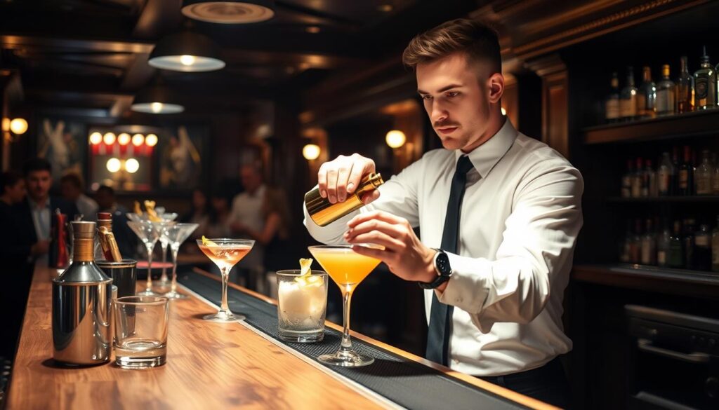 A dimly lit bar with wooden countertops and brass accents. Behind the counter, a skilled bartender in a crisp white shirt and black tie skillfully mixes cocktails, their hands moving with precise, practiced motions. The bartender's face is focused, their gaze intent on their task as they pour, stir, and garnish each drink with care. The bar is bustling with patrons, the air filled with the clink of glasses and the hum of conversation. Soft, warm lighting casts a cozy glow over the scene, creating an inviting atmosphere. The bartender's movements are the centerpiece, a dance of technique and artistry that captivates the senses.
