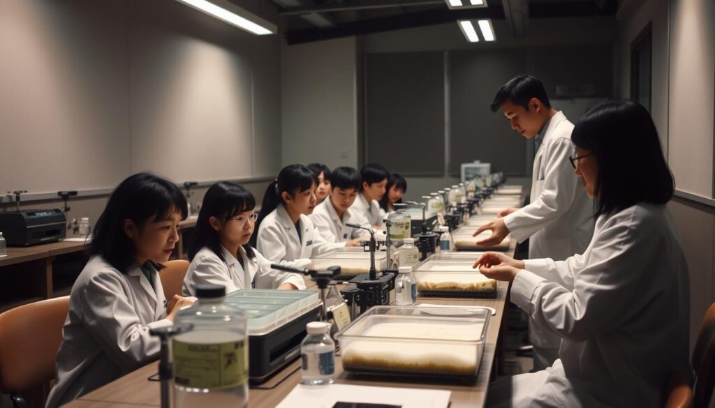 A dimly lit classroom, young Japanese trainees seated at desks, focused on the technical demonstrations by their seasoned instructor. Soft, directional lighting illuminates the intricate process of film development, with chemicals, trays, and specialized equipment arranged meticulously. The students, dressed in lab coats, observe intently, absorbing the expertise of their mentor, who guides them through the delicate steps with calm precision. The atmosphere is one of serious dedication, as the next generation of professional photographers hones their craft, preparing to carry on the traditions of this artful discipline.