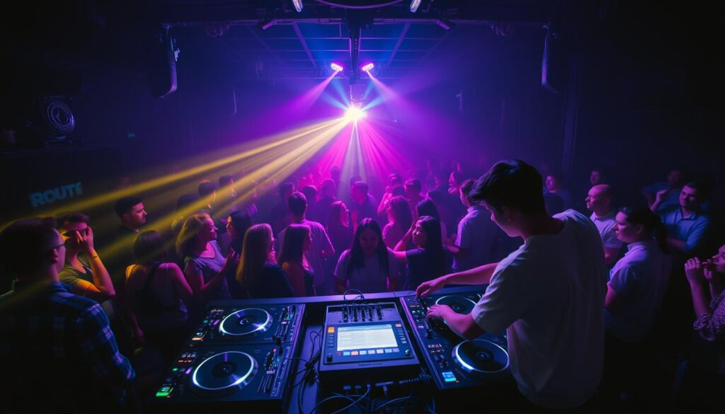 A dimly lit club interior, the dance floor pulsing with energy. In the center, a team of young, skilled DJs command the stage, seamlessly blending tracks and manipulating the crowd's emotions. The lighting rig casts vibrant hues across the room, creating an immersive atmosphere. Sleek, state-of-the-art turntables and mixers are the tools of their trade, as they expertly navigate the intricate rhythms and melodies. In the background, a diverse crowd of revelers sway and groove, their faces illuminated by the captivating light show. The scene exudes a sense of youthful vitality and a passion for the art of DJing.