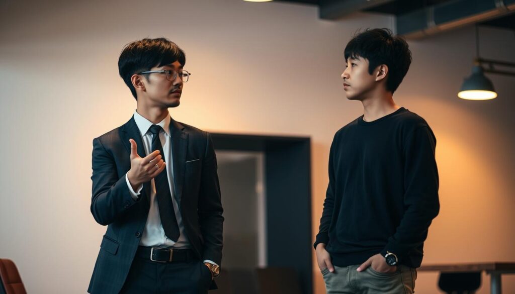 A dimly lit, contemporary office setting. Two young Japanese professionals stand facing each other, one in a suit and tie, the other in a more casual, artistic attire. The suited individual, the Creative Director, gestures with an authoritative pose, while the casually dressed person, the Art Director, listens intently, their body language conveying a collaborative dynamic. Soft, warm lighting emanates from the background, casting a contemplative atmosphere. The scene captures the distinct roles and responsibilities of the Creative Director and Art Director, emphasizing their complementary expertise in guiding the overall creative vision and execution.