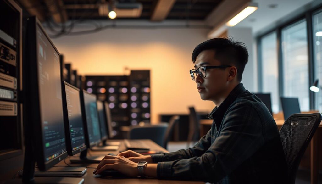 A dimly lit, contemporary office space with sleek, modern furniture and minimalist decor. A young, bespectacled Japanese-looking systems administrator sits intently at a computer, surrounded by servers and network equipment. The lighting is warm and focused, casting a cozy glow across the room. The atmosphere is one of quiet concentration and productivity, with the hum of machines in the background. The scene captures the technical nature of the systems administrator's work, while also conveying a sense of the calm, focused environment in which they operate.