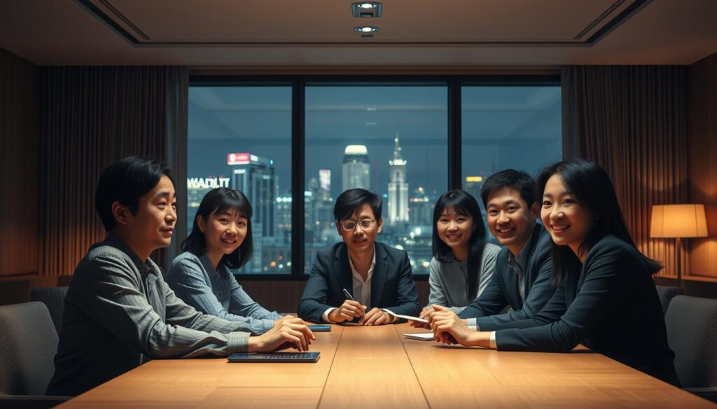 A dimly lit, cozy office space with a modern, minimalist aesthetic. In the foreground, a group of young, professional-looking Japanese individuals sit around a conference table, engaged in a lively discussion. Their faces are realistic and expressive, reflecting a sense of focus and determination. Soft, warm lighting illuminates the scene, creating a contemplative atmosphere. In the background, a large window offers a glimpse of a bustling city skyline, hinting at the hidden job opportunities that lie beyond the confines of this private employment market. The overall composition conveys a sense of exploration, as the individuals work together to navigate the intricacies of the unadvertised job landscape.