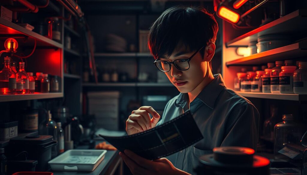 A dimly lit darkroom, with intricate equipment and glowing red safelights casting an atmospheric glow. A young Japanese photographer, their face serious and focused, deftly handles film negatives, carefully examining them under a loupe. The background is filled with shelves of chemicals, trays, and tools of the trade - the specialized knowledge and skills of the professional darkroom technician. Subtle highlights and shadows accentuate the technical precision and artistry required to coax the best possible images from the film. The overall mood is one of quiet concentration and technical mastery.