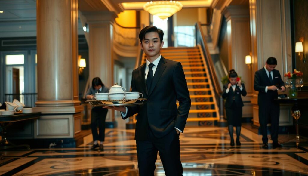 A dimly lit, elegant hotel lobby with a marble floor and ornate columns. In the foreground, a young Japanese man in a crisp black suit stands, his posture poised and attentive. He holds a silver tray with a selection of fine china and utensils, his movements precise and practiced. The middle ground reveals two other servers, also dressed in formal attire, engaged in various service tasks - one polishing glassware, the other arranging fresh flowers in a vase. In the background, a grand staircase leads to an upper level, casting a warm, amber glow over the scene. The overall atmosphere is one of refined professionalism, as the servers demonstrate their expertise in preparing for the arrival of distinguished guests.
