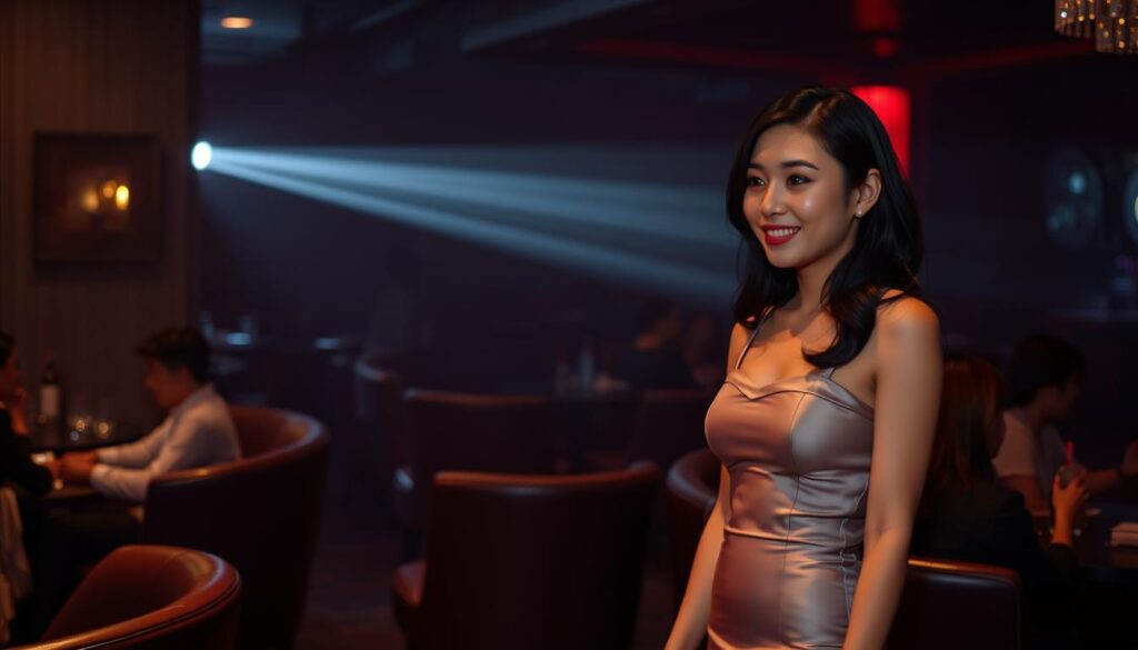 A dimly lit, exclusive VIP lounge at a high-end nightclub. In the foreground, a young, elegant Japanese-looking woman in a sleek, figure-hugging cocktail dress gracefully interacts with a well-dressed male guest, her soft smile and attentive posture conveying exceptional hospitality. The middle ground features a few other similarly stylish patrons enjoying premium drinks and conversation in luxurious leather seating. The background is hazy, with subtle mood lighting illuminating the VIP area's plush, sophisticated ambiance. The scene exudes an air of exclusivity, refinement, and discreet, personalized service.