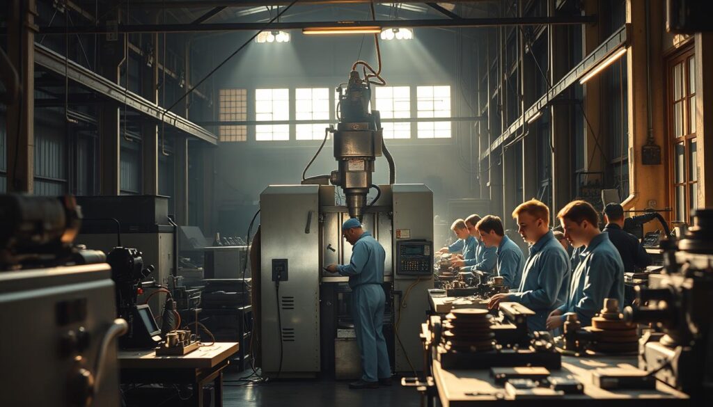 A dimly lit factory floor, filled with the rhythmic hum of machinery. In the center, a skilled frisadeur works intently at a towering milling machine, the polished metal gleaming under the warm glow of overhead lights. Surrounding them, a team of young, focused technicians in crisp uniforms monitor various stations, their eyes trained on intricate components and precise measurements. The air is thick with the scent of lubricants and the faint tang of metal, creating an atmosphere of industrious concentration. Sunlight filters in through tall windows, casting long shadows across the workspace, lending a sense of timeless dedication to the scene.