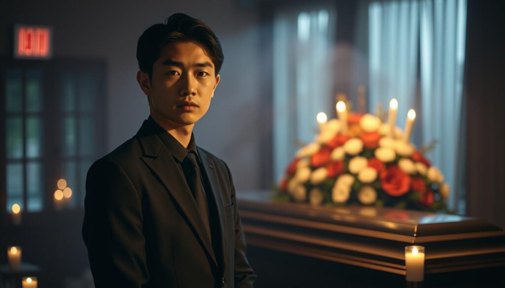 A dimly lit funeral home, where a young, somber-faced Japanese funeral director stands in the foreground, clad in a crisp black suit. The soft glow of candles illuminates the scene, casting a reverent atmosphere. In the middle ground, the director carefully arranges flowers and prepares the casket, meticulously attending to every detail. The background is shrouded in a sense of tranquility, hinting at the solemn nature of this profession. The image conveys the career path and future prospects of a funeral director, highlighting the gravity and dedication required in this meaningful vocation.