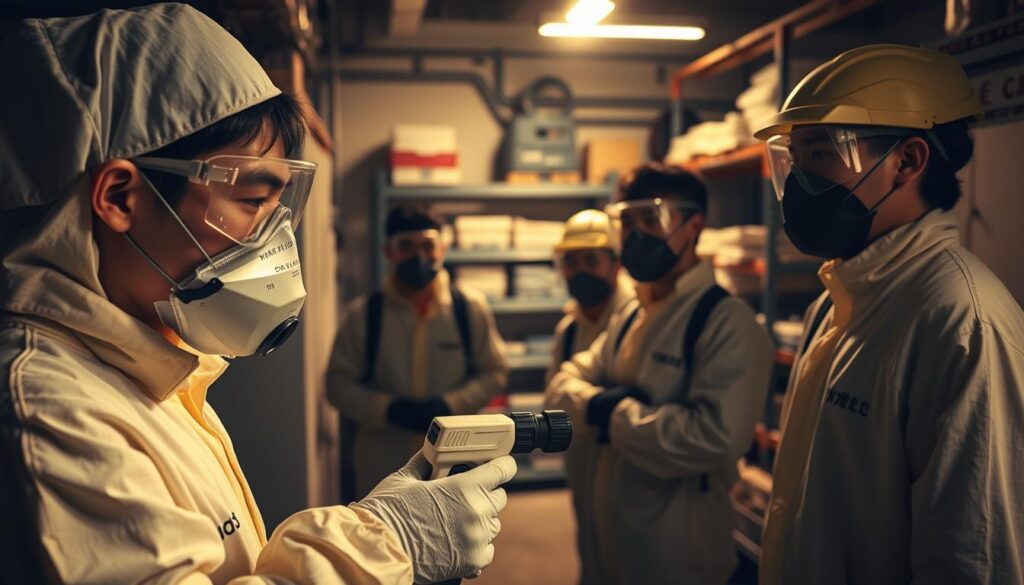 A dimly lit industrial setting, with a team of young Japanese workers in protective gear - goggles, masks, and hazmat suits - carefully conducting a pest control operation. The foreground features one worker spraying a targeted area, while their colleagues monitor the process from the middle ground. In the background, shelves of specialized equipment and supplies suggest a methodical, professional approach to this task. Soft, warm lighting casts long shadows, creating a serious, focused atmosphere as the workers undertake this important safety-oriented procedure.