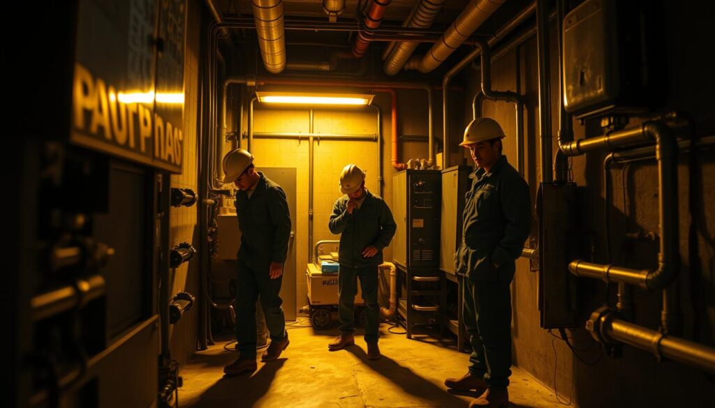 A dimly lit industrial workspace, with a team of young, Japanese-looking plumbers diligently working on a complex network of pipes and fittings. The scene is illuminated by a warm, overhead lighting, casting long shadows across the concrete floor. The plumbers wear protective gear, including helmets and coveralls, as they navigate the tight confines of the cramped utility room, their faces focused and determined. In the background, the hum of machinery and the occasional drip of water create a subtle ambiance, conveying the challenging yet essential nature of their profession. The overall atmosphere suggests a hard-working, hands-on environment, where attention to detail and problem-solving skills are paramount.