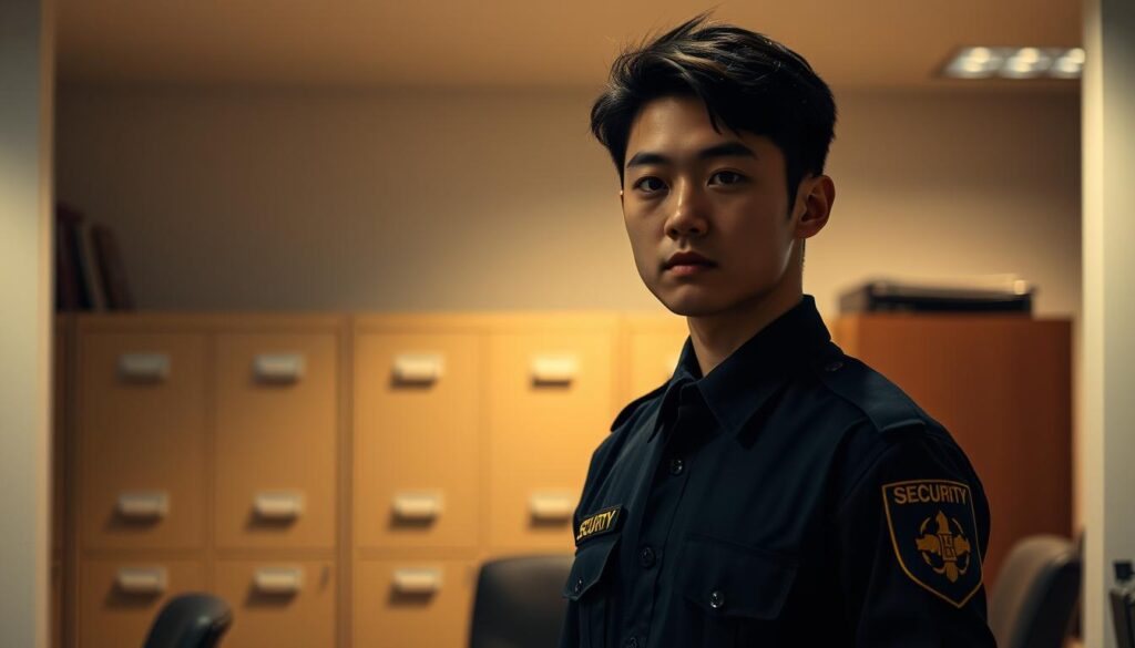 A dimly lit interior office setting, with a focus on a young Japanese-looking security guard standing at attention. The guard is wearing a dark uniform with a badge, his posture upright and alert. The background is partially obscured, hinting at filing cabinets, a desk, and other office furniture. Soft, warm lighting casts shadows, creating a serious, professional atmosphere. The guard's expression is neutral, conveying a sense of discipline and responsibility. The image emphasizes the guard's formal appearance and demeanor, showcasing the necessary qualifications and attributes for the role of a security professional.