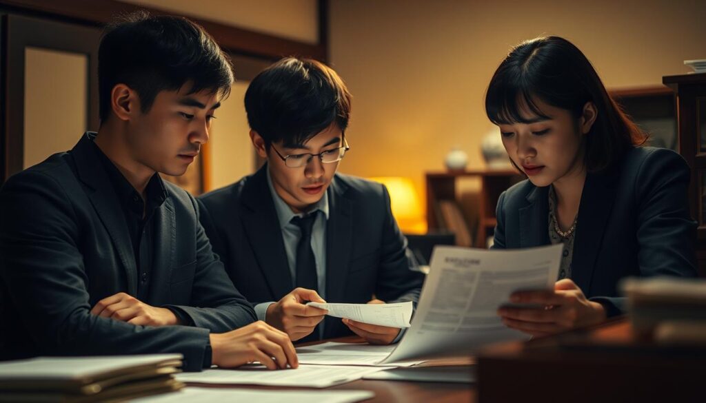 A dimly lit interior scene depicting the process of professional appraisal. Three young, serious-looking Japanese individuals are gathered around a table, studying documents and discussing their findings intently. The lighting is warm and focused, creating a sense of concentration and attention to detail. The scene conveys the meticulous nature of the appraisal process, with the subjects deeply engaged in their work. The background is slightly blurred, emphasizing the focal point of the three figures and the paperwork they are examining.
