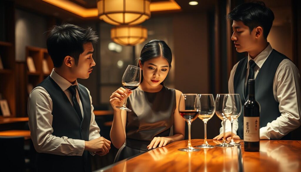 A dimly lit, intimate restaurant setting. At a sleek, polished wooden bar, three young, well-dressed Japanese sommelier professionals stand, engaged in discussion. The middle figure, a poised woman with a refined, thoughtful expression, holds a wine glass, swirling the contents and examining it intently. Soft, dramatic lighting casts a warm glow, accentuating the rich textures of the wood and the sommelier's attentive poses. The background is blurred, placing the focus squarely on the three individuals and their expert evaluation of the wine. An atmosphere of expertise, passion, and the culture of fine dining pervades the scene.