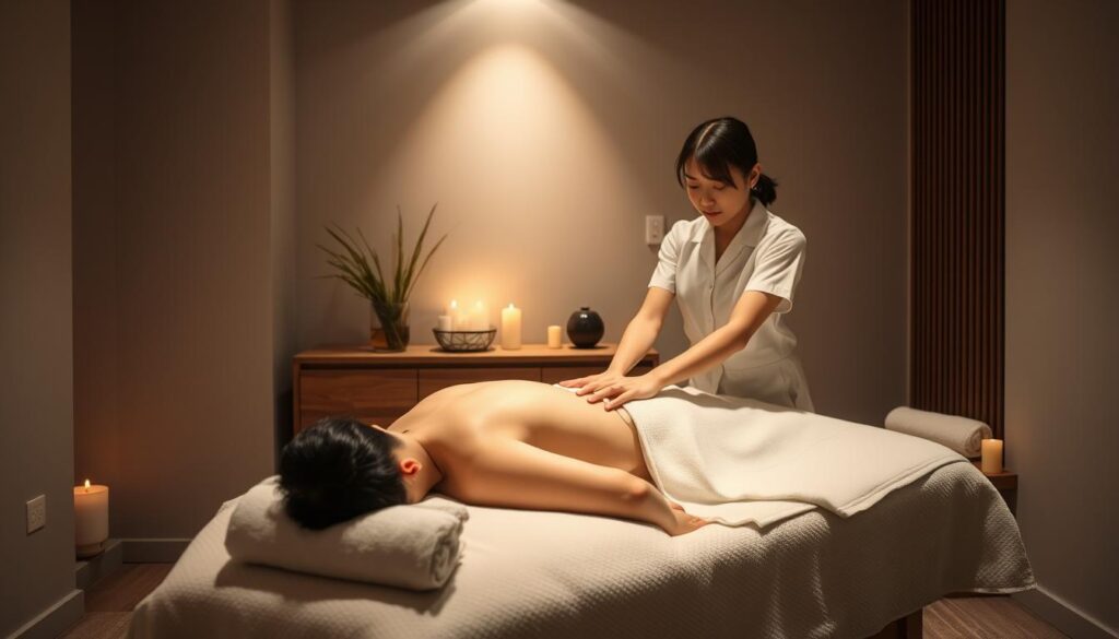 A dimly lit massage therapy room with soft, ambient lighting. A young, Japanese-looking masseuse in a crisp white uniform gently kneads the shoulders of a client lying face-down on a plush massage table. The room has clean, minimalist decor with muted tones, creating a serene and relaxing atmosphere. Subtle details like folded towels, fragrant candles, and soothing background music convey the professionalism and attention to comfort in this massage therapist's workspace.
