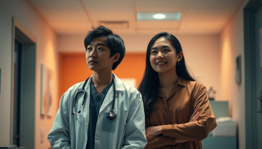 A dimly lit medical office scene, with two young Japanese-looking individuals in the foreground. One person, wearing a white coat, represents a paramedical professional, while the other, in casual attire, symbolizes a commedical worker. They stand side by side, engaged in a thoughtful discussion, highlighting the nuanced differences in their roles and responsibilities within the healthcare system. The background is softly blurred, emphasizing the central focus on the contrasting figures. Warm lighting casts a contemplative mood, inviting the viewer to ponder the distinct contributions of these allied healthcare professionals.