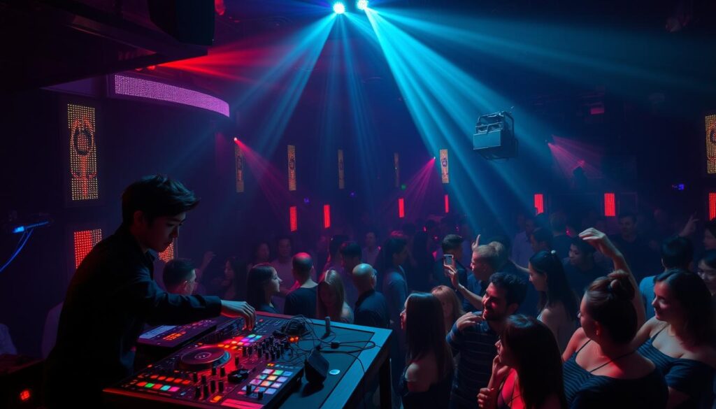 A dimly lit nightclub, its walls adorned with pulsing lights and state-of-the-art sound equipment. On a raised platform, a young Japanese-looking DJ, with a focused expression, manipulates various knobs and sliders, seamlessly blending tracks and creating a mesmerizing atmosphere. The crowd below, a diverse mix of stylishly dressed individuals, sway and dance, their faces illuminated by the vibrant, ever-changing lighting. The scene exudes an electric energy, capturing the essence of a VJ's dynamic performance space, where music, visuals, and the audience converge in a captivating display.
