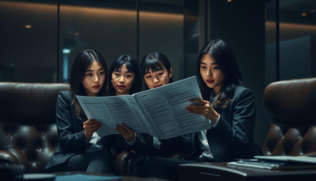 A dimly lit office setting, showcasing a group of young Japanese-looking professionals discreetly examining a stack of job listings. The scene exudes an air of exclusivity and opportunity, with subtle hints of corporate ambiance - plush leather chairs, sleek desks, and muted lighting that creates a sense of privacy and importance. The models' expressions convey a mix of curiosity and determination, reflecting the allure and potential of these "hidden" career advancements. The overall atmosphere suggests a privileged access to specialized job openings, elevating the concept of "non-public recruitment" as a valuable resource for career growth.