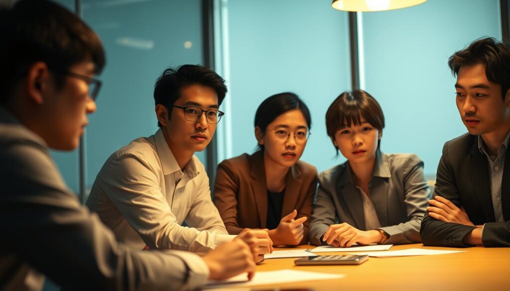 A dimly lit office setting, with a group of focused young Japanese professionals gathered around a table, engaged in a serious discussion. The scene conveys a sense of dedication and determination, as they work together to strategize and drive fundraising initiatives for their organization. Soft, warm lighting illuminates their faces, casting subtle shadows that add depth and atmosphere to the image. The background is slightly blurred, drawing the viewer's attention to the individuals in the foreground, their expressions and body language conveying the challenges and complexities of the fundraising landscape in Japan.