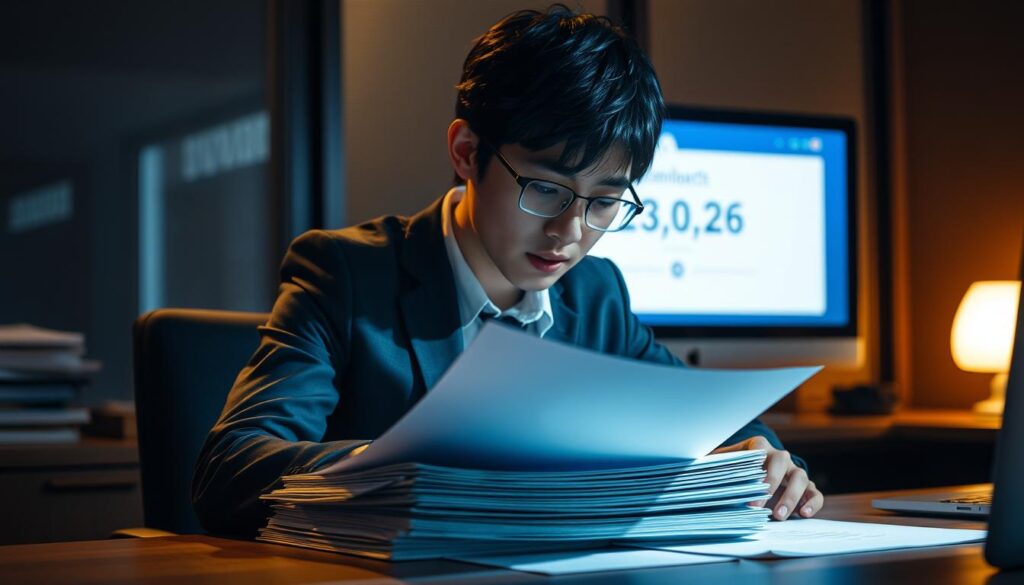 A dimly lit office setting, with a young Japanese professional intently studying a stack of confidential documents on their desk. Warm lighting casts soft shadows, creating an air of quiet focus and strategic planning. In the background, a partially obscured display screen suggests the pursuit of hidden job opportunities, the search for an unadvertised path to the next career move. The scene conveys a sense of determination and calculated risk-taking, as the subject navigates the nuances of the hidden job market.