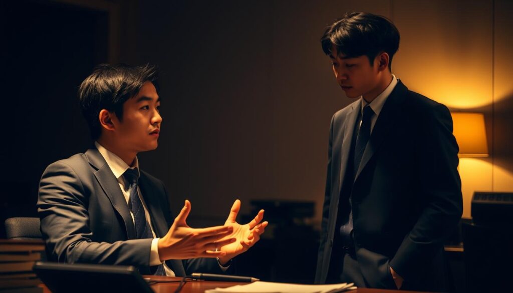 A dimly lit office setting with a young, professional-looking Japanese man in a suit representing a director, seated at a desk and gesturing with his hands as he discusses something with another young Japanese man in a suit representing a producer, who is standing and listening intently. The director's expression is focused and thoughtful, while the producer's is more inquisitive. Warm lighting casts subtle shadows, creating a sense of depth and atmosphere. The background is blurred, drawing the viewer's attention to the central interaction between the two individuals, highlighting the collaborative nature of their roles.
