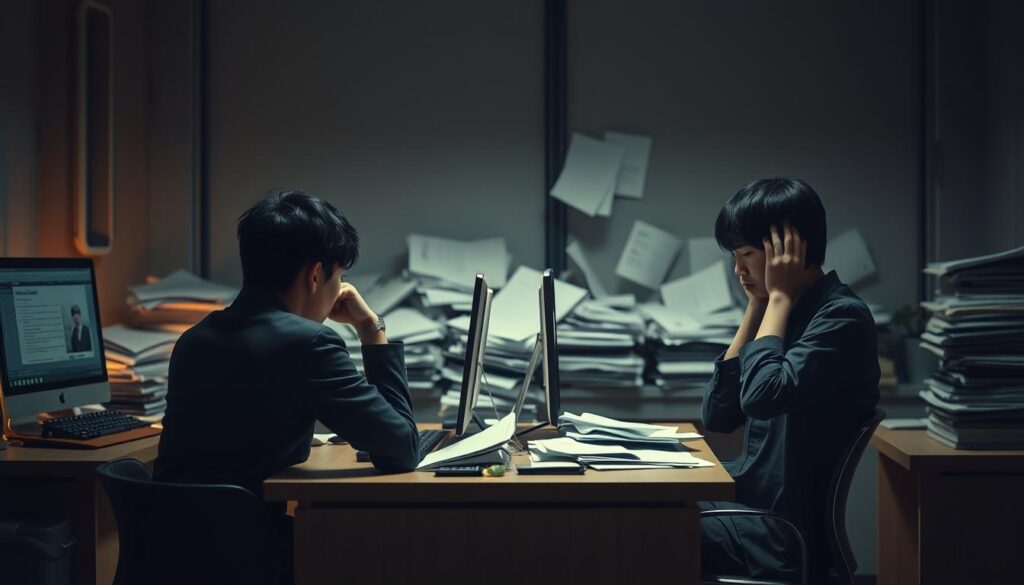 A dimly lit office setting, with two young Japanese individuals sitting at desks, looking frustrated and stressed. One is staring at a computer screen, the other is holding their head in their hands. In the background, a jumble of documents and papers are scattered across the desks, creating a sense of chaos and confusion. Warm, soft lighting illuminates the scene, adding a touch of melancholy. The figures are depicted in a realistic, photographic style, conveying the struggles and disappointments often associated with unsuccessful job search experiences on career websites.