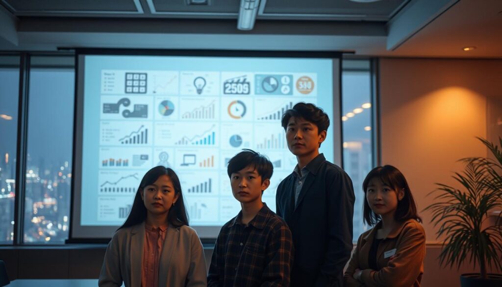 A dimly lit office space, illuminated by soft, warm lighting. In the foreground, three young Japanese-looking individuals, each representing different roles in the entertainment industry, stand together, their expressions thoughtful and contemplative. The middle ground depicts a projection screen displaying complex data visualizations, charts, and graphs, symbolizing the challenges the industry faces. In the background, a large window overlooks a bustling cityscape, hinting at the rapidly evolving landscape of the entertainment world. The overall scene conveys a sense of introspection, collaboration, and the need for innovation to address the industry's pressing issues.