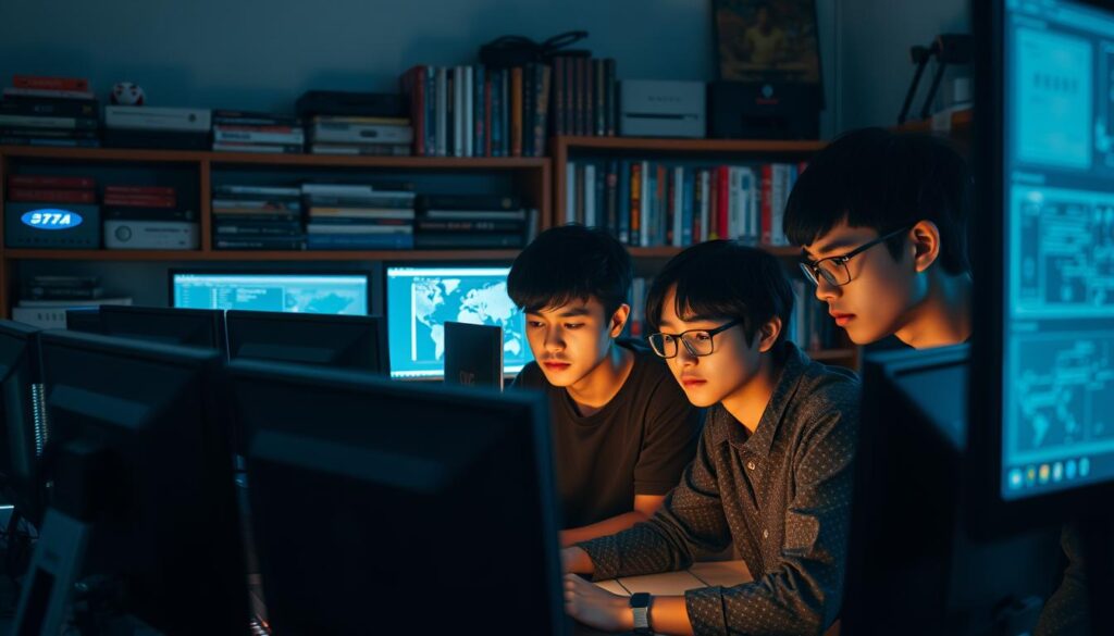 A dimly lit office space, where a team of young, focused Japanese developers huddle around their computer screens. The soft glow of monitors illuminates their faces, revealing an intense concentration as they navigate complex code and design schematics. In the background, shelves brimming with game consoles, art books, and various gaming memorabilia hint at their deep industry expertise. The atmosphere is one of quiet determination, as they collectively push the boundaries of what's possible in the gaming world. A sense of technical mastery and creative vision permeates the scene, embodying the specialized knowledge required to thrive in the competitive game development industry.