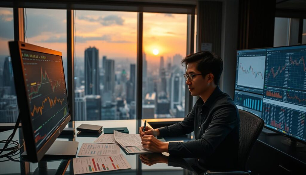 A dimly lit office, the hum of computers and the rustle of papers fill the air. A young Japanese-looking fund manager sits at a sleek glass desk, intently studying financial reports. Beside them, a large monitor displays complex charts and graphs, their eyes darting between screens as they make quick calculations. In the background, a floor-to-ceiling window offers a panoramic view of the bustling city skyline, the setting sun casting a warm glow. The manager's brow is furrowed in concentration, a pen in hand as they jot down notes, the weight of their decisions palpable in the room. This is the daily grind of a fund manager, a world of high-stakes investments and constant market analysis.