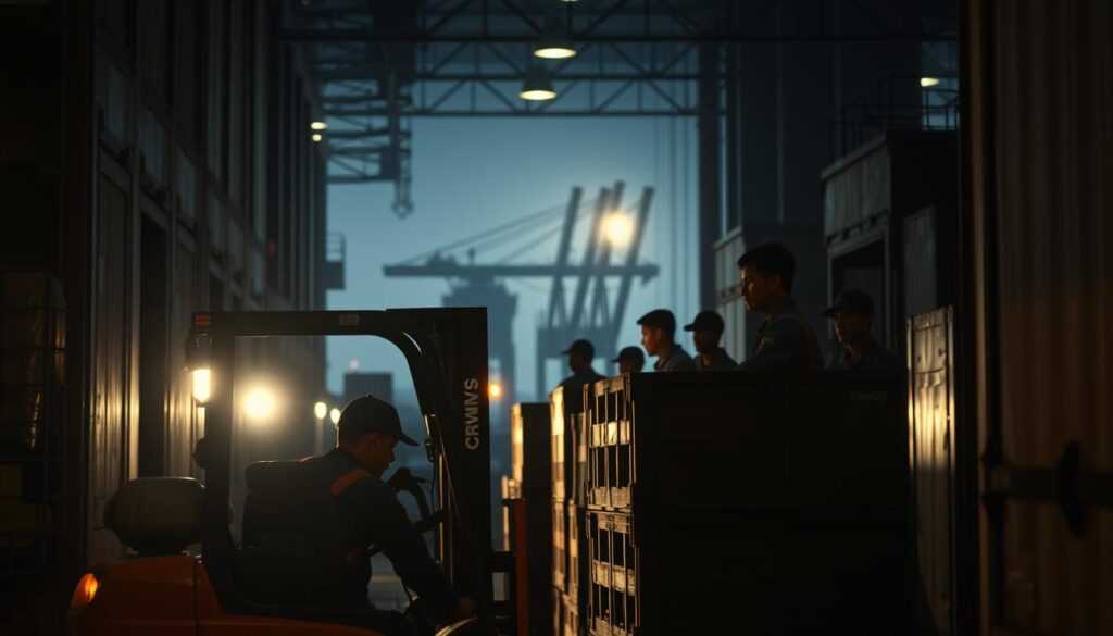 A dimly lit port warehouse, the air thick with the scent of diesel and salt. A group of young Japanese port workers, their faces etched with determination, toil under the glow of harsh industrial lighting. In the foreground, a forklift operator skillfully navigates the narrow aisles, carefully loading cargo onto a waiting truck. Behind them, a team of dock hands maneuver heavy crates with practiced precision, their muscles straining against the weight. The background is dominated by the looming silhouettes of cranes and the distant hum of machinery, creating a sense of both the scale and the intensity of their labor. The atmosphere is one of hard work, sacrifice, and the unsung heroism of those who keep the global supply chain moving.