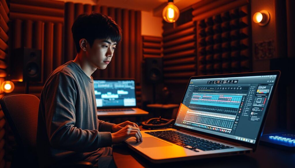 A dimly lit recording studio, the air thick with the scent of creativity. A young Japanese-looking trackmaker sits intently at his workstation, fingers dancing across a sleek digital audio interface. Warm incandescent light bathes the scene, casting a cozy glow on the array of sound-absorbing panels and soundproofed walls. An open laptop displays a complex digital audio workstation, its waveforms and MIDI tracks a testament to the producer's skill. The trackmaker's expression is one of deep focus, as he meticulously crafts the sonic elements that will form the foundation of a new musical work. The atmosphere is palpable with the energy of the creative process unfolding.