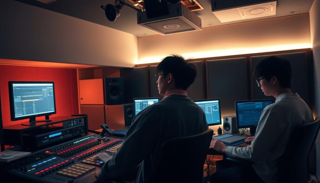 A dimly lit recording studio with state-of-the-art audio equipment. Three young Japanese sound creators, dressed casually, focus intently on their work. One stands at a mixing console, fine-tuning levels and effects, while the others sit at separate workstations, deeply engrossed in their digital audio workstations. The room has a warm, contemplative atmosphere, illuminated by the soft glow of computer screens. Warm, ambient lighting casts subtle shadows, highlighting the concentrated expressions on their faces as they meticulously craft their sonic creations.