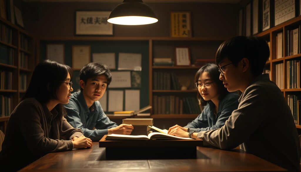 A dimly lit, scholarly atmosphere with a group of young, serious-looking Japanese individuals, perhaps graduate students or researchers, engaged in animated discussion around a wooden table. The scene is bathed in warm, soft lighting, creating an air of contemplation and intellectual rigor. The background features bookshelves, subtle displays of academic awards or certificates, and a sense of quiet concentration. The models have a youthful, earnest expression, conveying the dedicated pursuit of knowledge and the academic environment that shapes the educational background of a Fēru.